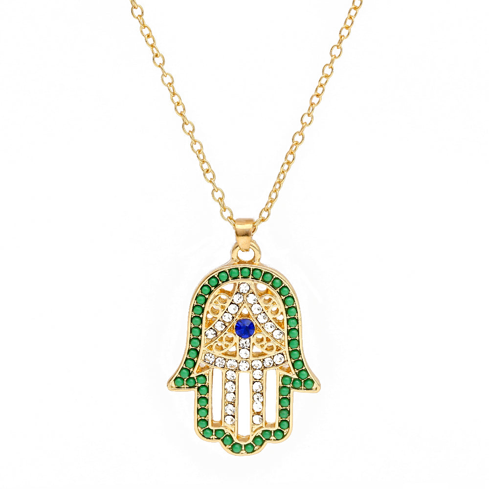 Crystal Hamsa Necklace Green